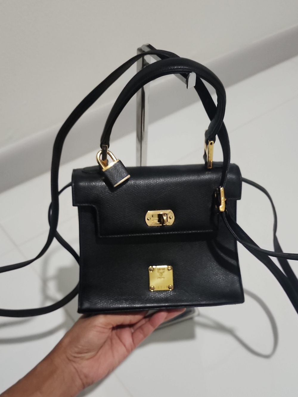 MCM Black Leather Mini Crossbody Bag with Gold Hardware